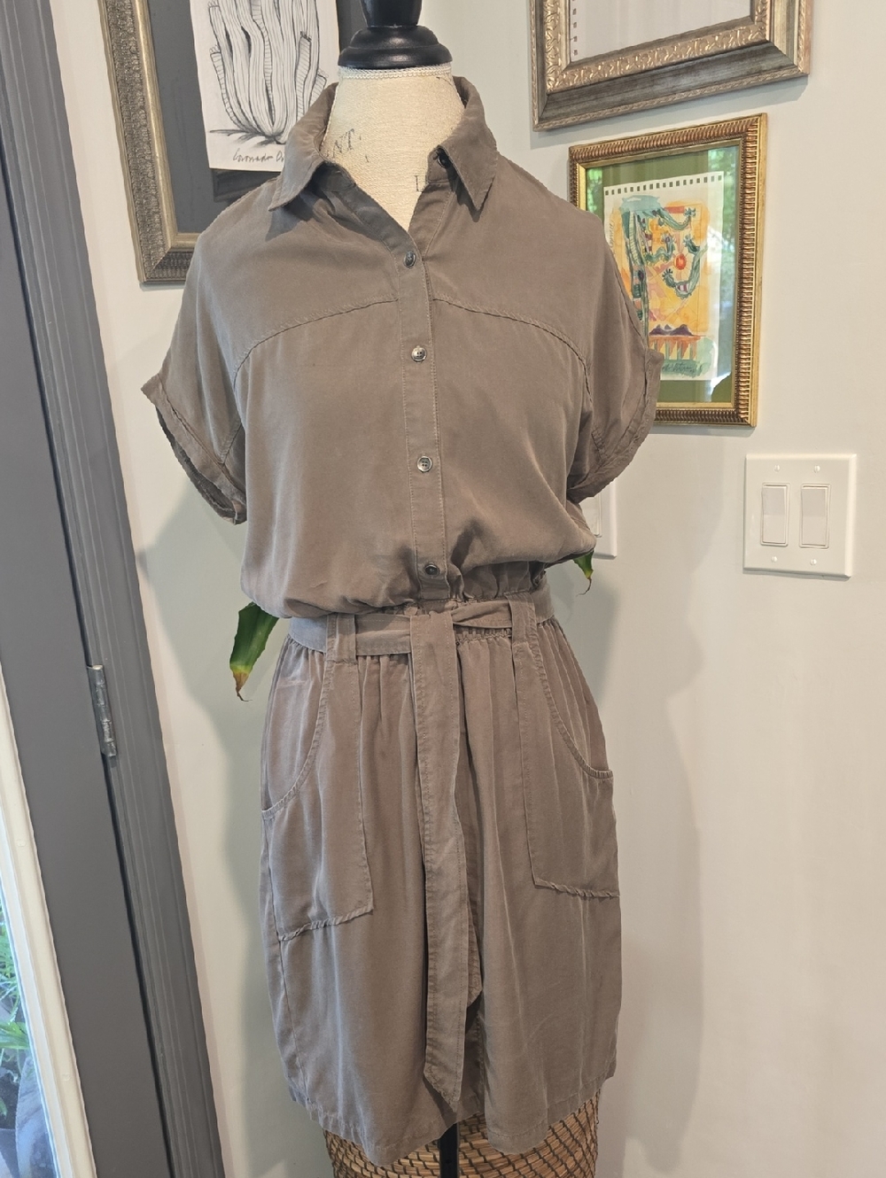 PINK + SOPHIE olive Green Dress Shirt with Waist Tie